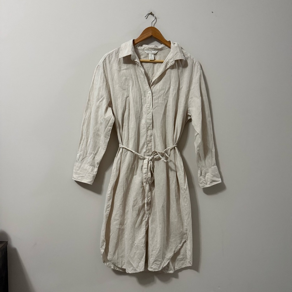 H&M Linen Blend Long Sleeve Button Up Tie Waist Tan Neutral MIDI Shirt Dress
